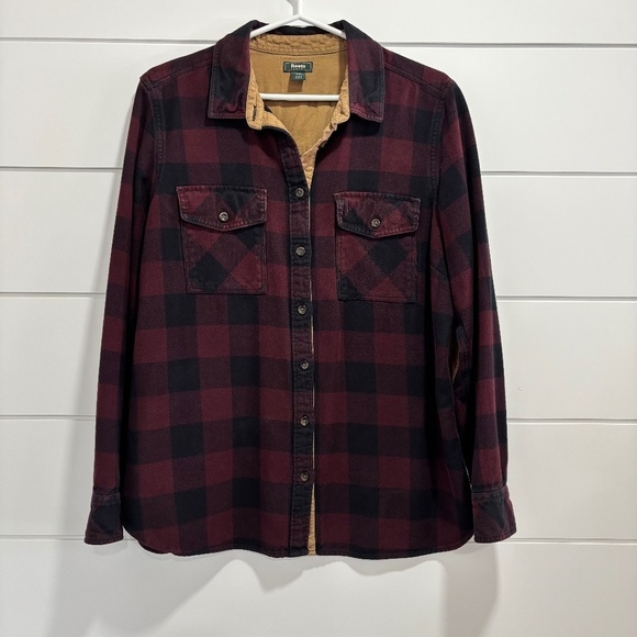 Roots women's  park plaid flannel button down shirt burgundy & black size L - Picture 1 of 15